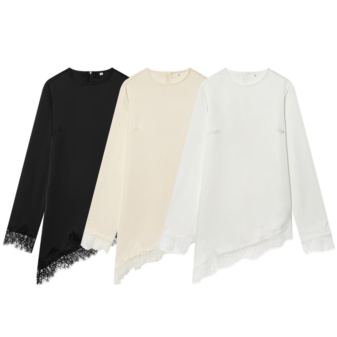 Damen asymmetrisches Blusenshirt mit Spitzenverzierung EB