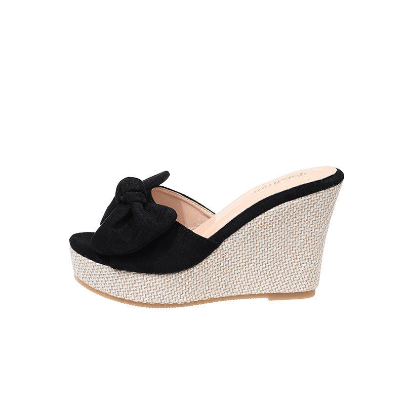 Damen Wedge-Pantoletten mit kreativem Schleifen-Design und verstellbarem Riemen EB