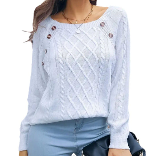 Damen eleganter Pullover mit Zopfmuster und dekorativen Knopfdetails EB