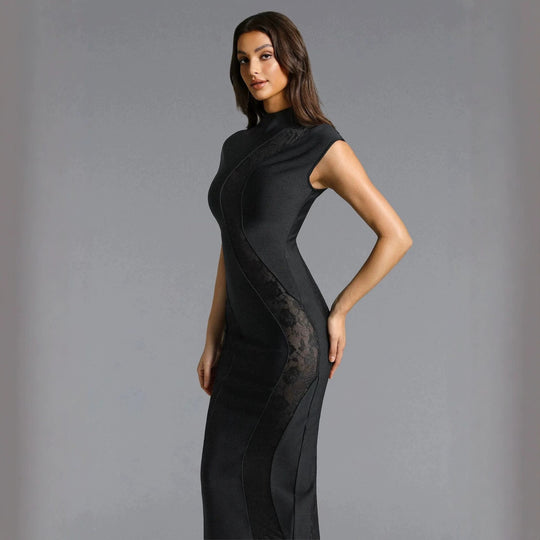 Damen Elegantes Kleid mit transparenten Spitzeinsätzen EB