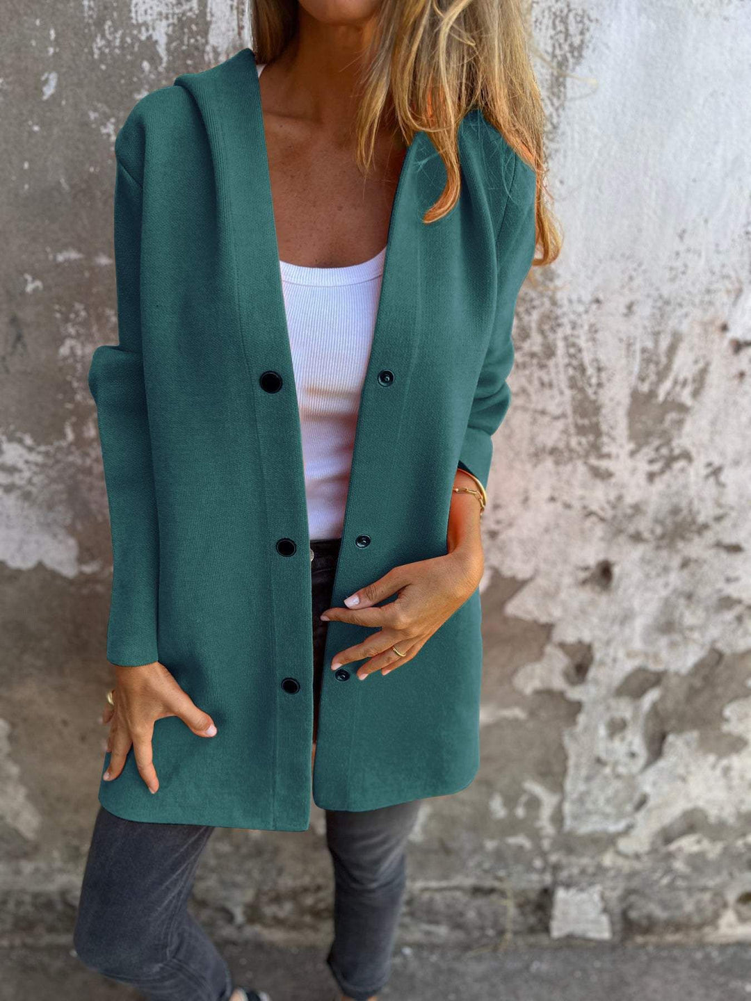Damen nan Kapuzenmantel mittellanger Baumwollmix mit Druckknopfleiste und Eingrifftaschen EB