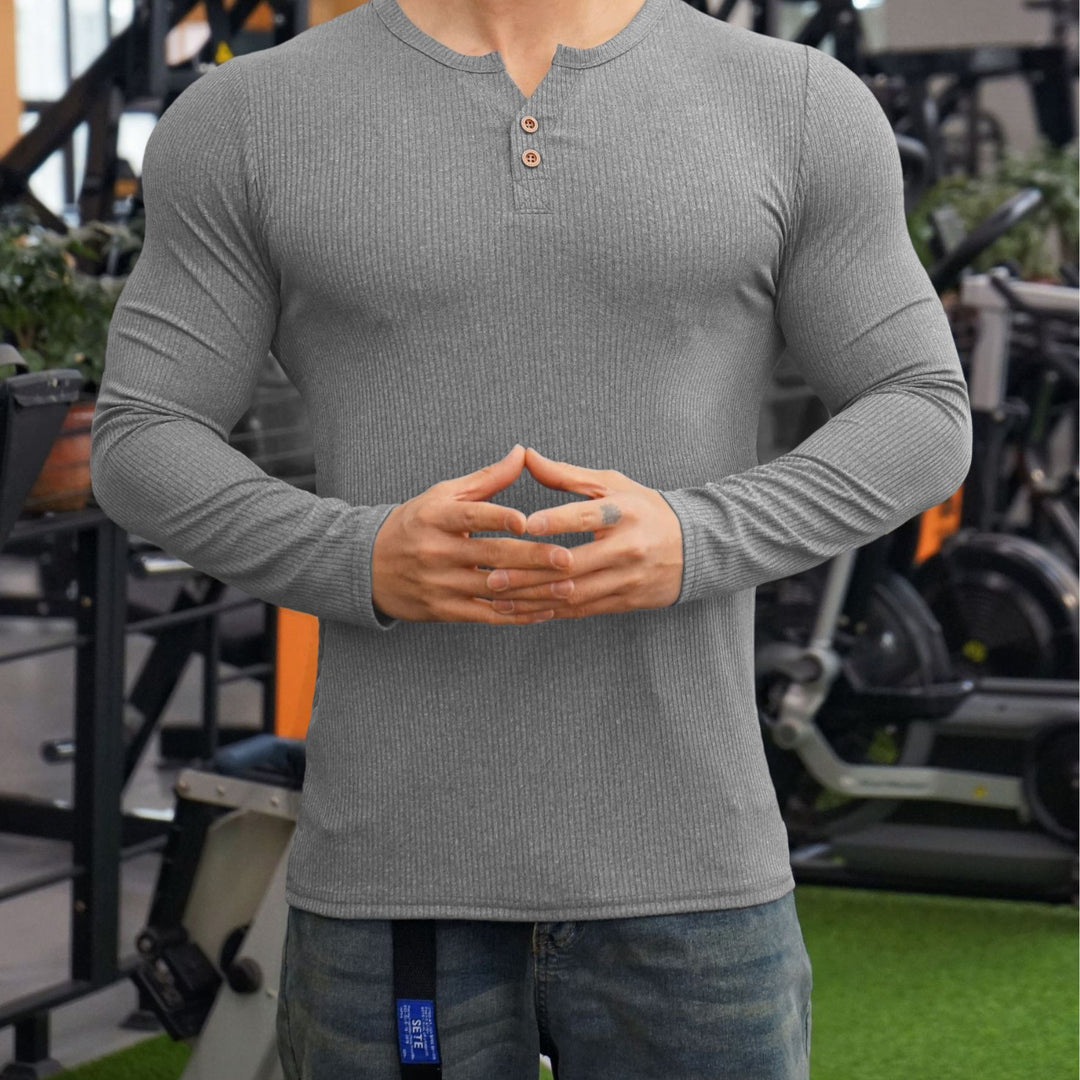 Herren Langarmshirt mit strukturiertem Design und Knopfleiste EB
