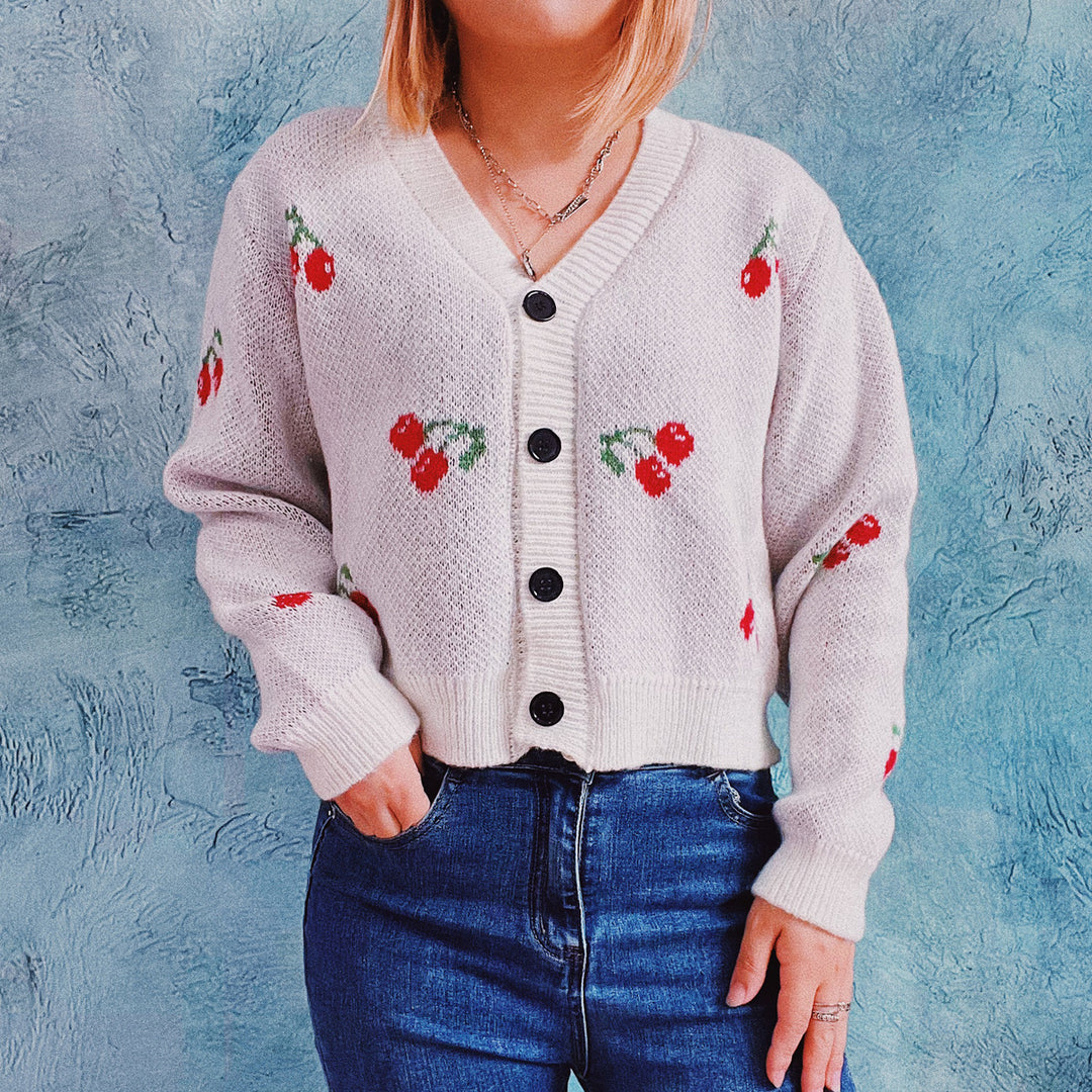 Damen Strickjacke im fröhlichen Kirschmotiv EB