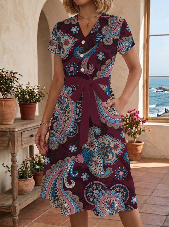 Damen lässiges Maxikleid mit taillierbarem Knoten und dekorativem Karomuster EB