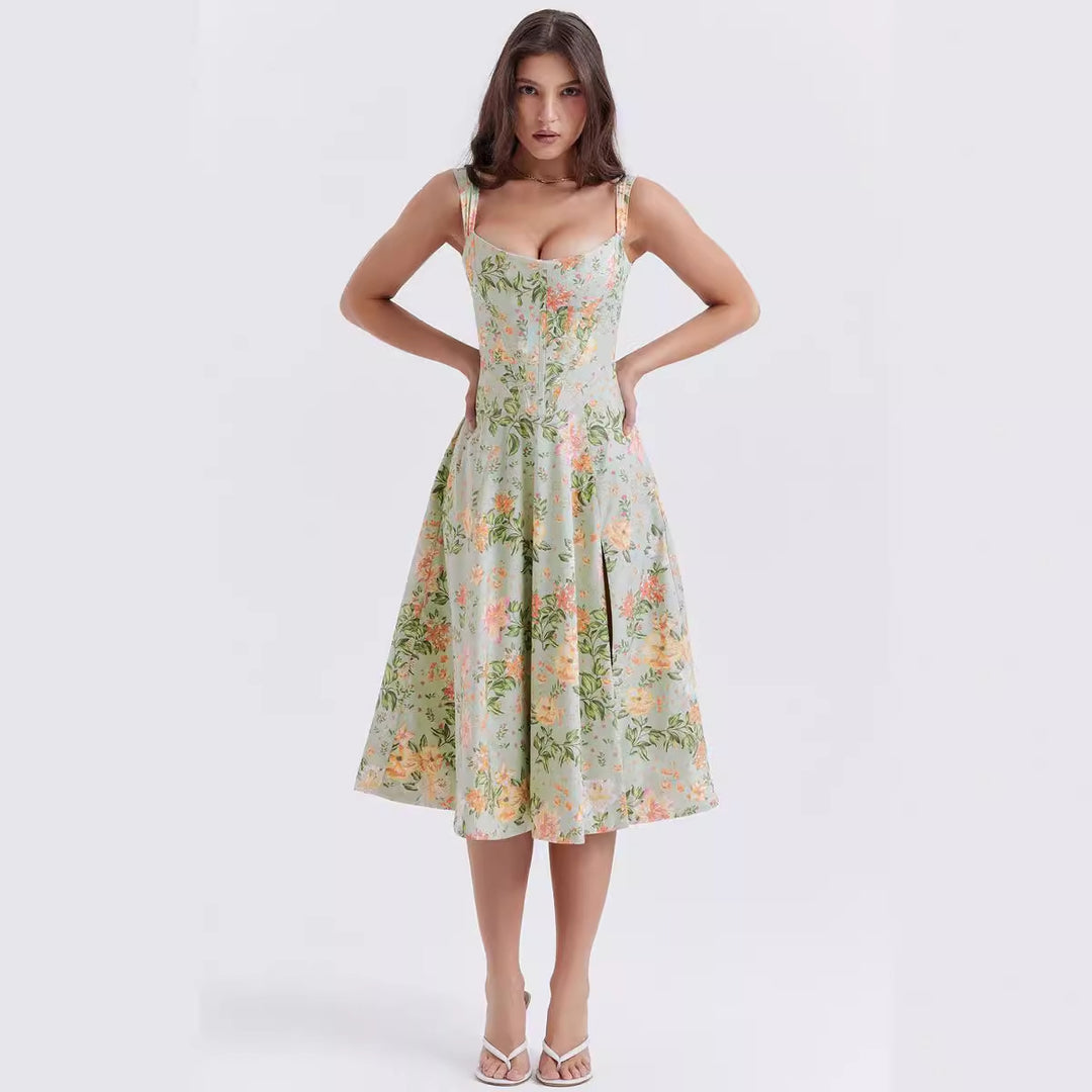 Damen Maxikleid mit floralem Schnitt und schwingendem Rock EB