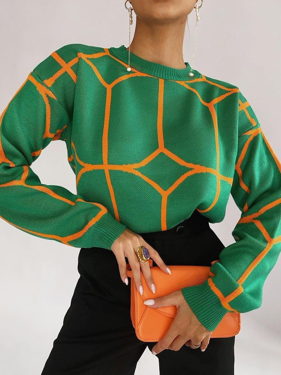 Damen modischer Strickpullover mit geometrischem Muster und hohem Kragen EB
