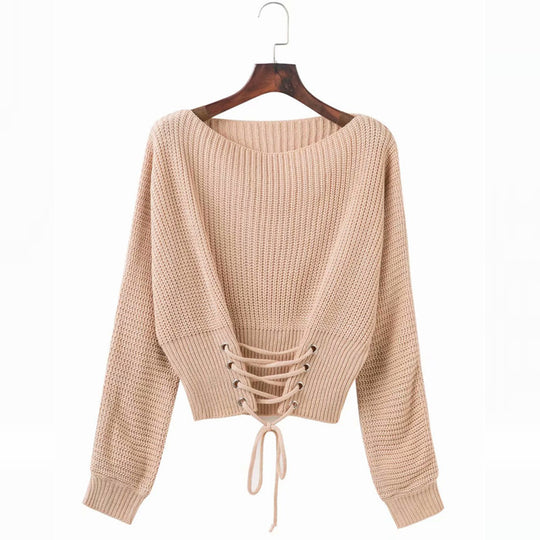 Damen Pullover mit tiefem Rückenausschnitt und dekorativen Schnürdetails EB