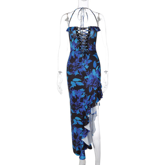 Damen Boho Maxikleid mit floralem Print und Schnürung EB