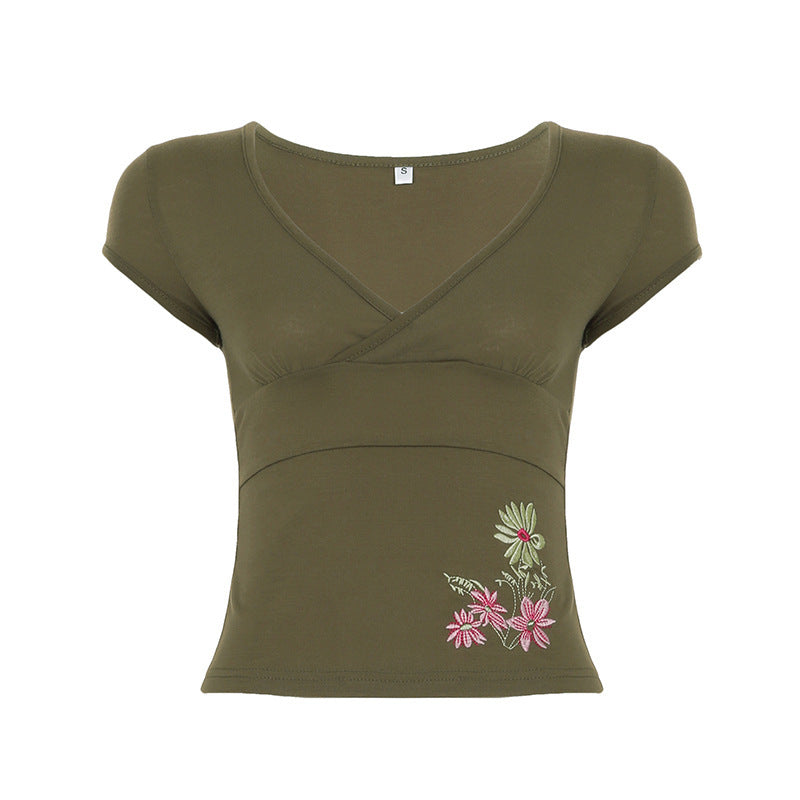 Damen figurbetontes Kurzarm-Shirt mit floralem Stickmuster EB