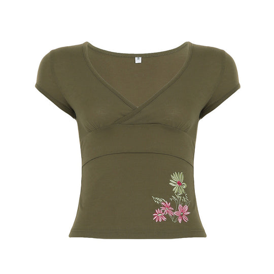 Damen figurbetontes Kurzarm-Shirt mit floralem Stickmuster EB