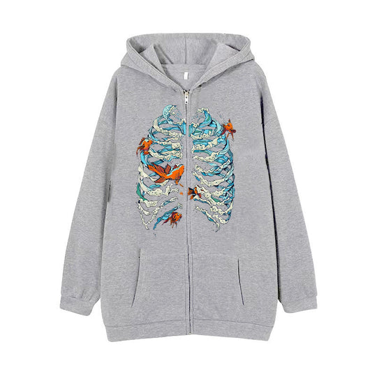 Damen nan Kapuzenjacke mit durchgehendem Reißverschluss und Rippenherz-Print EB