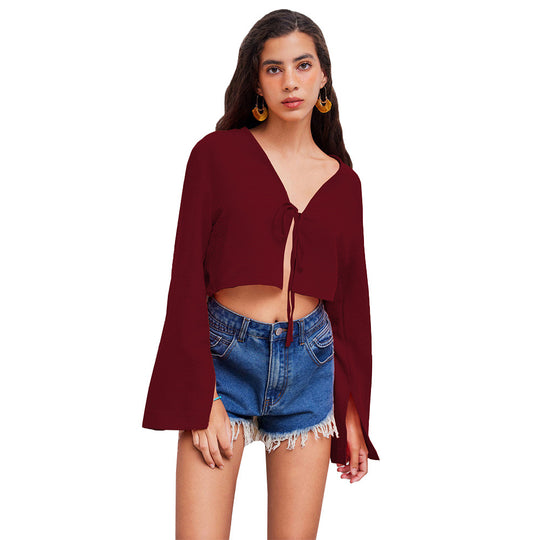 Damen kurzes Bindecrop-Top mit V-Ausschnitt, Knotenbindetail und Glockenärmeln Eichborn Berlin