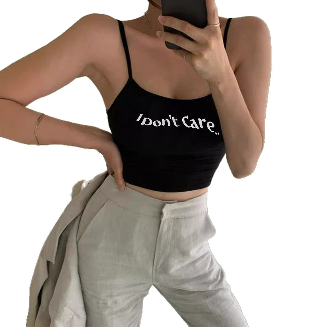 Damen Crop-Top mit kreativem Schriftzug und feinen Trägern EB