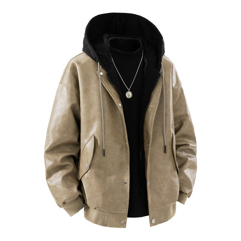 Herren oversized Kunstleder-Bomberjacke mit kontrastkapuze, Druckknopfblende und aufgesetzten Taschen EB