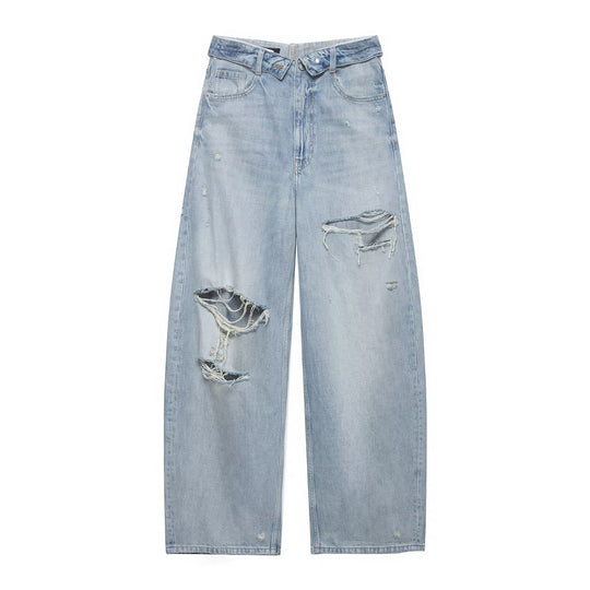 Damen nan weite Highwaist-Jeans im Vintage-Look mit ausgefransten Rissen EB
