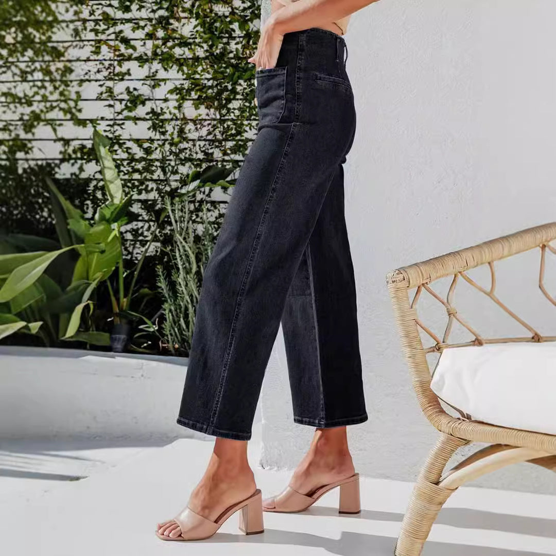 Damen High-Waist Jeans mit Knopfdetail und weitem Bein EB