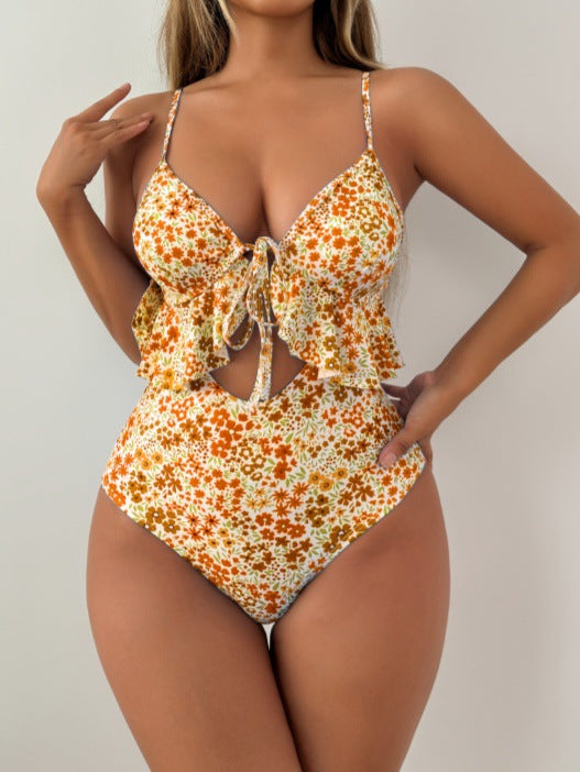 Damen Eleganter zweifarbiger Badeanzug mit Rüschendetail EB