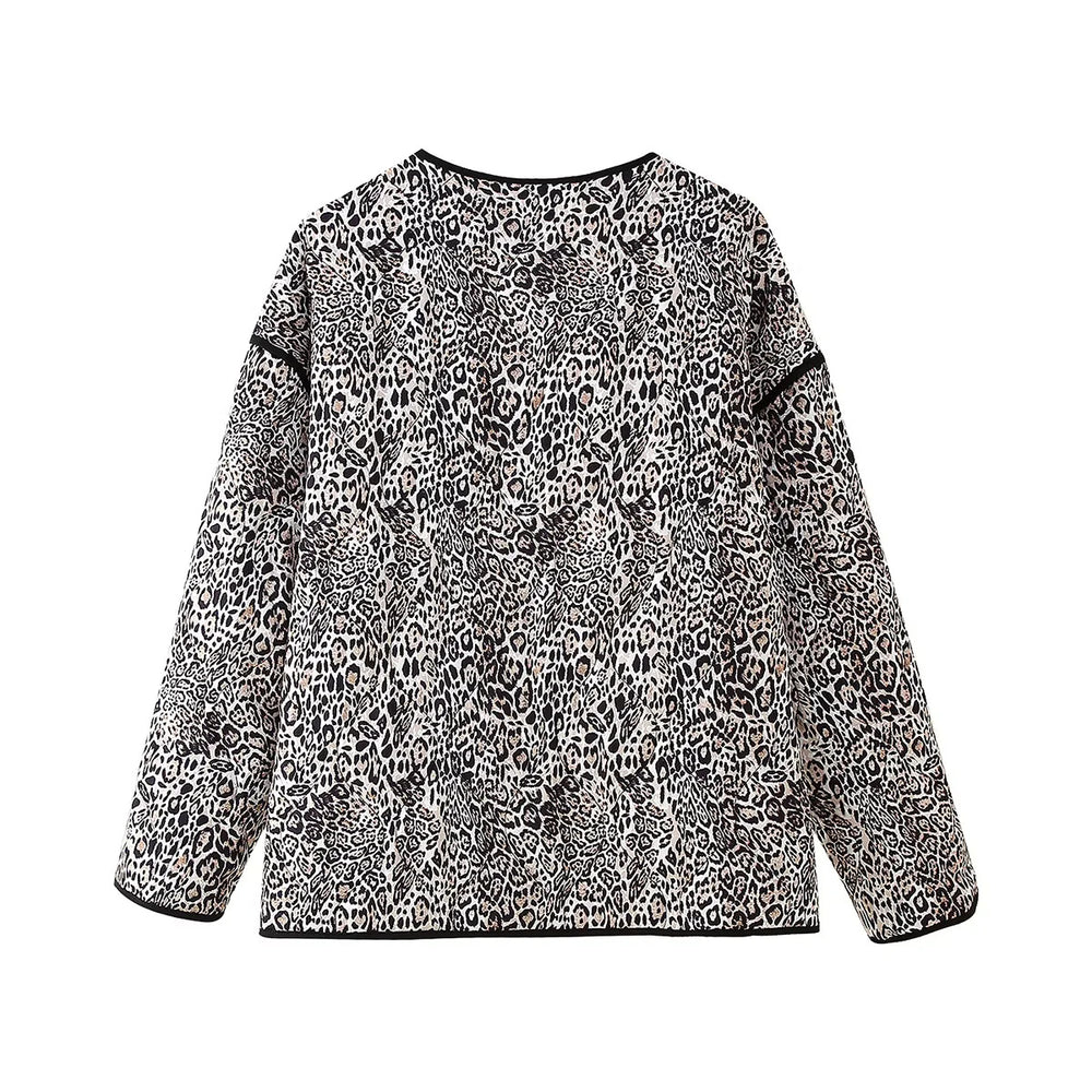 Damen gesteppte Jacke mit modernem Leopardenmuster und praktischen Taschen EB