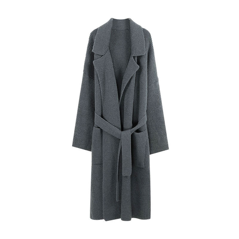 Damen Strickmantel mit Gürtel und breiten Revers EB