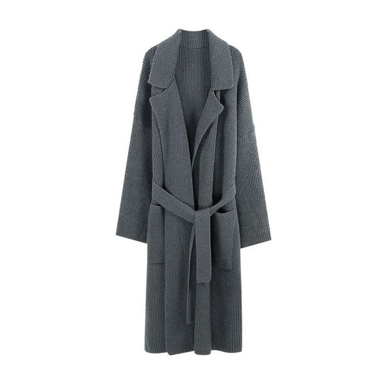 Damen Strickmantel mit Gürtel und breiten Revers EB