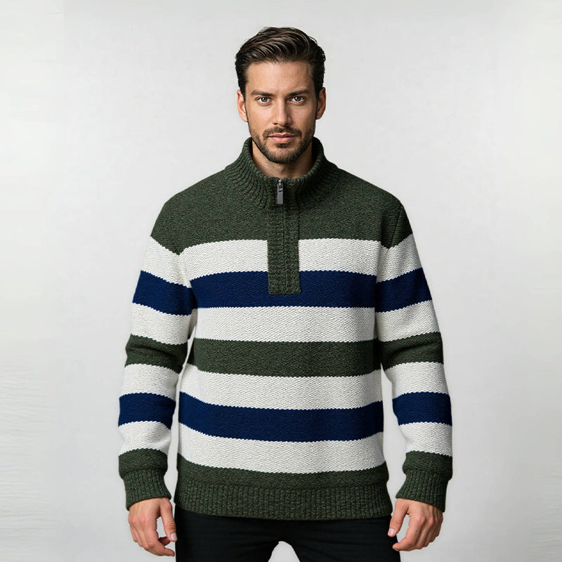Herren modernes Strickpullover mit halbem Reißverschluss und Blockstreifen EB