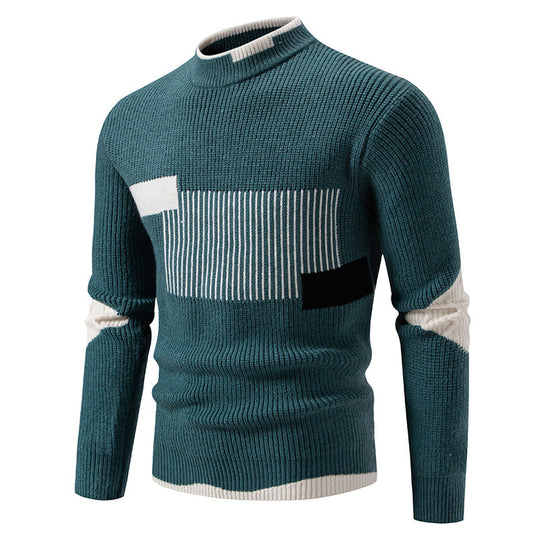 Herren nan gerippter Feinstrickpullover mit Stehkragen und kontrast-Blockdesign EB
