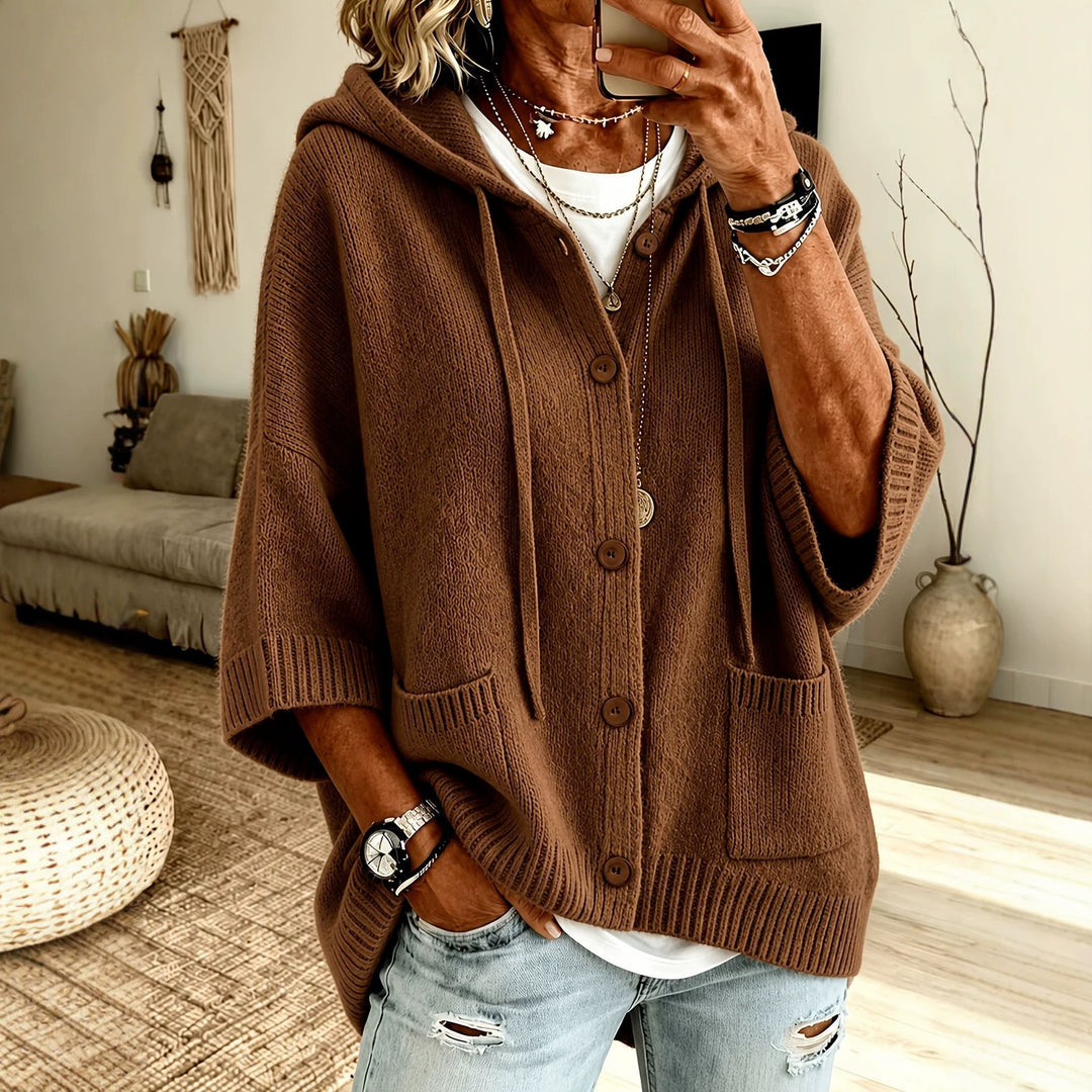 Damen Oversize Kapuzen-Cardigan mit Holzknöpfen und kastiger Silhouette EB