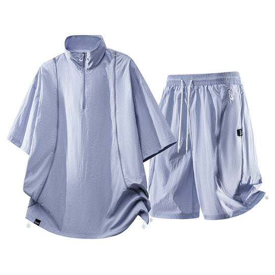 Herren nan oversized sportliches Freizeit-Set mit Halbzip, Stehkragen und elastischen Cargo-Shorts EB