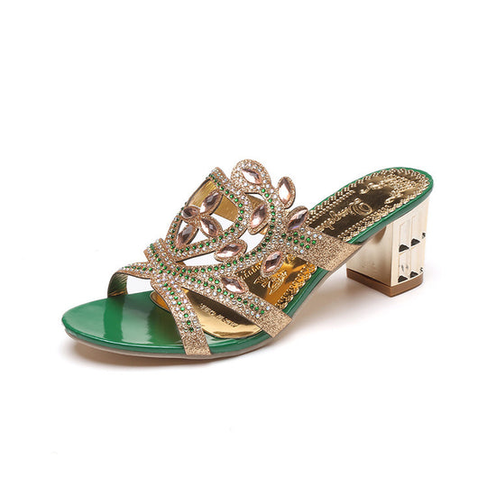 Damen Mules mit funkelndem Schmuck und komfortablem Blockabsatz EB