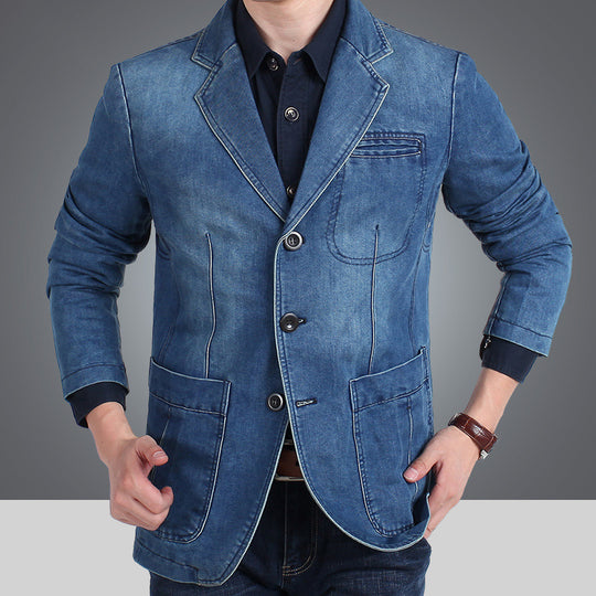 Herren nan Jeansblazer mit Used-Effekt, schmaler Schnitt, Brustleistentasche und aufgesetzten Taschen EB