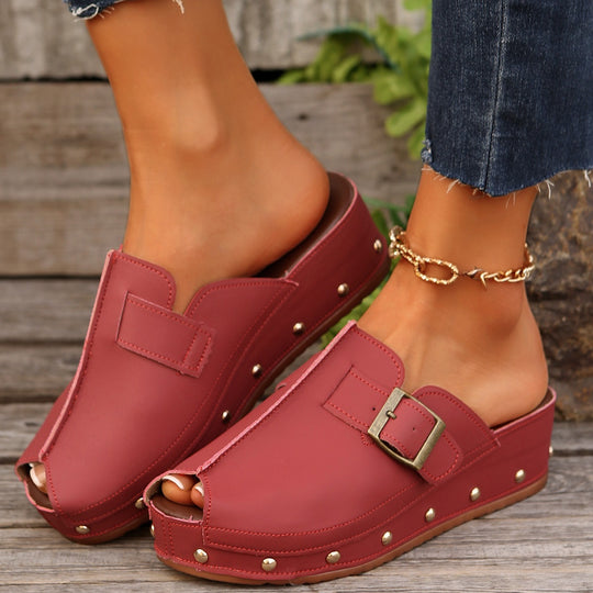 Damen Wedge-Pantoletten mit modischem Schnallen-Design und dekorativen Nieten EB
