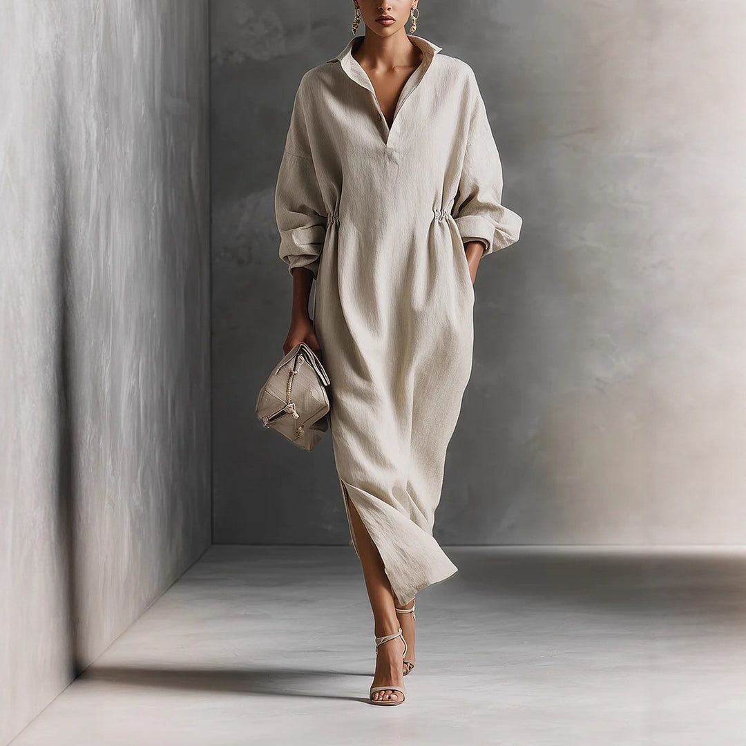 Damen stilvolles Midikleid mit Bindegürtel und klassischem Kragen EB