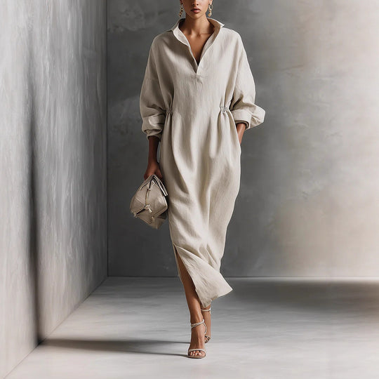 Damen stilvolles Midikleid mit Bindegürtel und klassischem Kragen EB