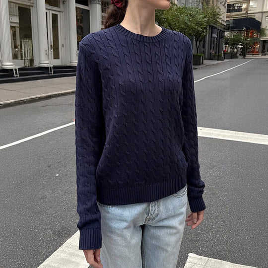 Damen nan grob gestrickter Zopfstrickpullover mit Rundhalsausschnitt, entspannter Oversize-Passform und gerippten Bündchen EB