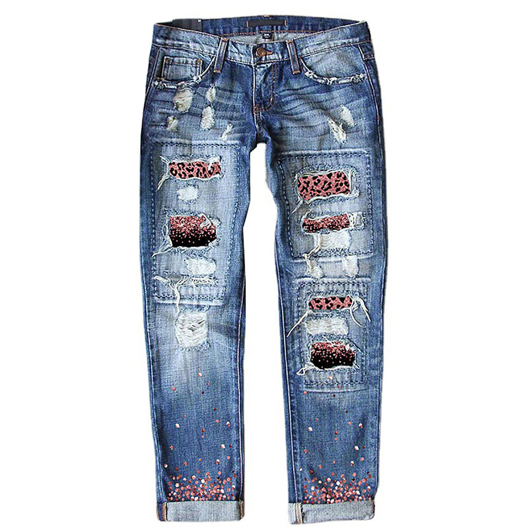 Damen nan verwaschene schmale Jeans mit Leopardenpatches und Glitzerbesatz EB