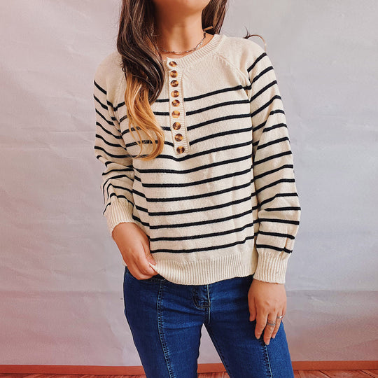 Damen gestreifter Strickpullover mit Knopfdetails und lässigem Schnitt EB