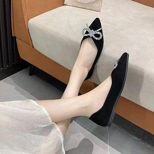 Damen elegante Ballerinas mit strassbesetztem Schleifendetail EB