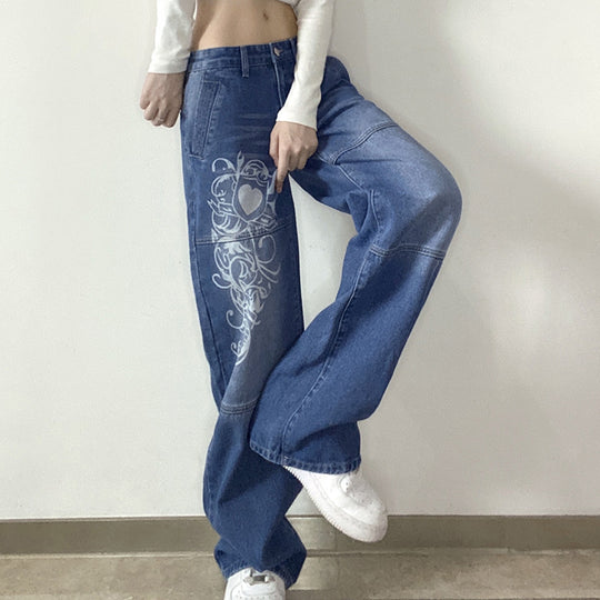 Damen weite Denim-Hose mit kunstvollem Druck EB