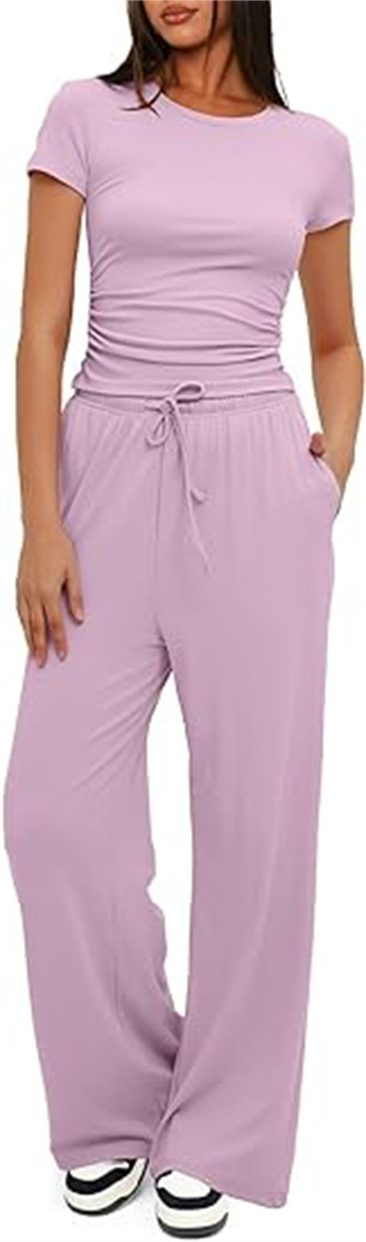 Damen lässiger Zweiteiler mit cropped Oberteil und weitem Beinkleid EB