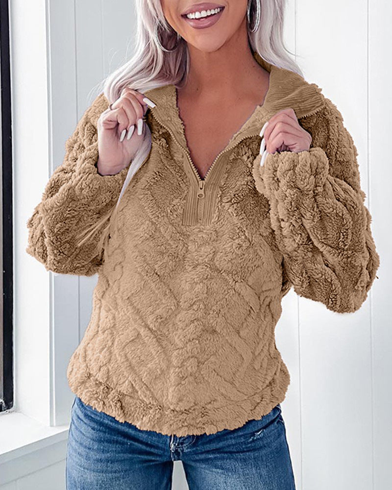 Damen Oversized Fleece-Pullover mit Stehkragen und Kunstpelz-Wabenstruktur EB