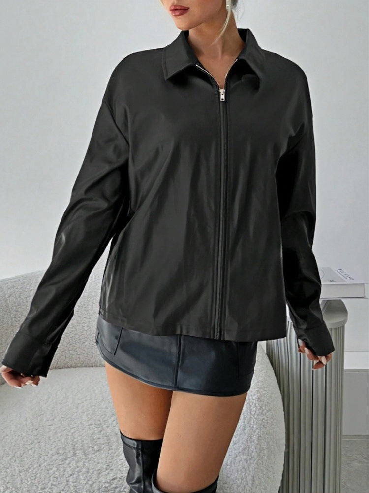 Damen leichtgewichtige Kunstlederjacke mit modernem Reißverschluss EB