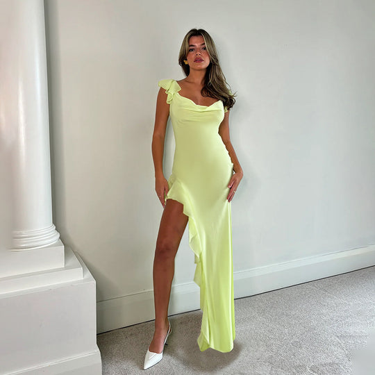 Damen Elegantes Maxi-Kleid mit asymmetrischem Saum und Rüschendetails EB