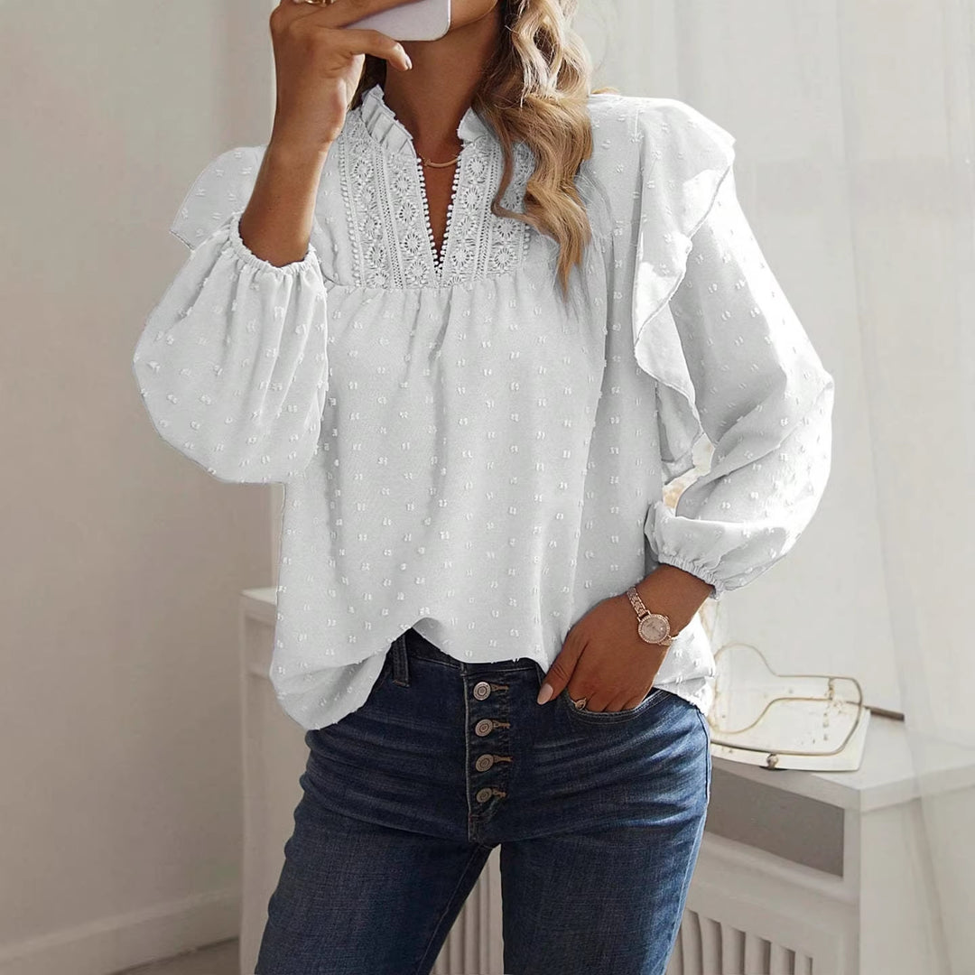 Damen Viskose-Bluse mit Spitzenstickerei und Volantärmeln EB