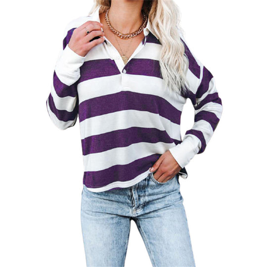 Damen lässiges Langarmshirt mit Streifenmuster und Knopfleiste EB