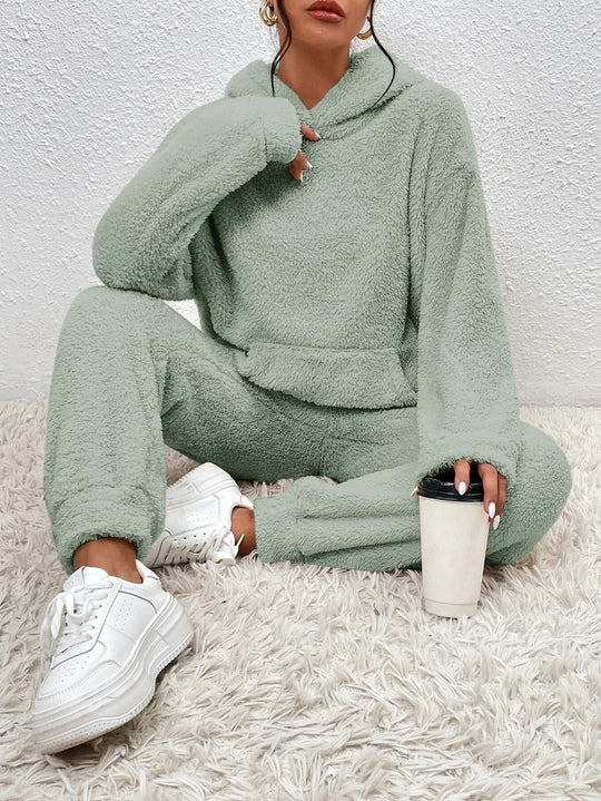 Damen nan kuscheliges Teddy-Fleece Hausanzug-Set mit Kapuze, Kängurutasche und elastischer Jogginghose EB