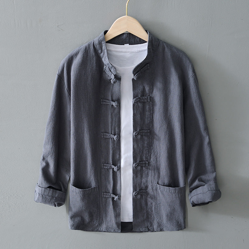 Herren nan leichte Leinenjacke im traditionellen chinesischen Stil mit Stehkragen und Knotenverschlüssen EB