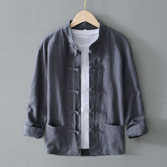 Herren nan leichte Leinenjacke im traditionellen chinesischen Stil mit Stehkragen und Knotenverschlüssen EB