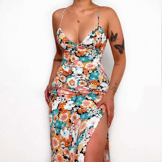 Damen Maxikleid mit tiefem V-Ausschnitt und seitlichem Schlitz EB