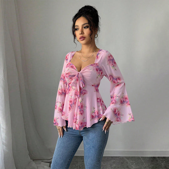 Damen florales Chiffon-Top mit Bindeschleife, Herzausschnitt, ausgestellten Glockenärmeln und tailliertem Schößchen Eichborn Berlin