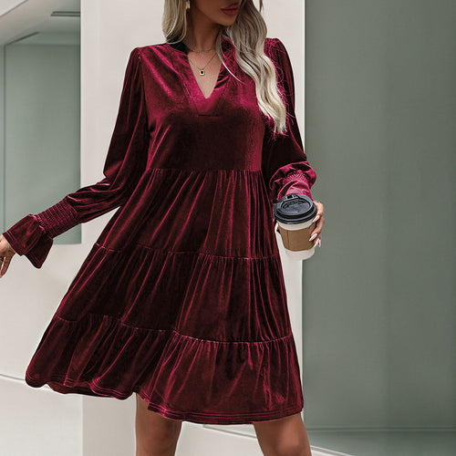 Damen V-Ausschnitt Mini-Kleid mit voluminösen Ärmeln und Rüschendesign EB